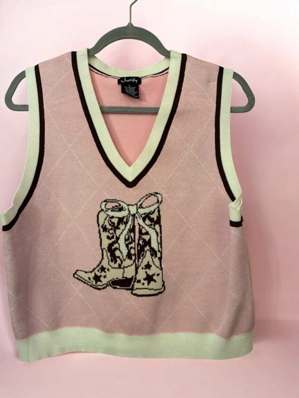 Justify Pink and Cream Knit Vest with Brown Trim